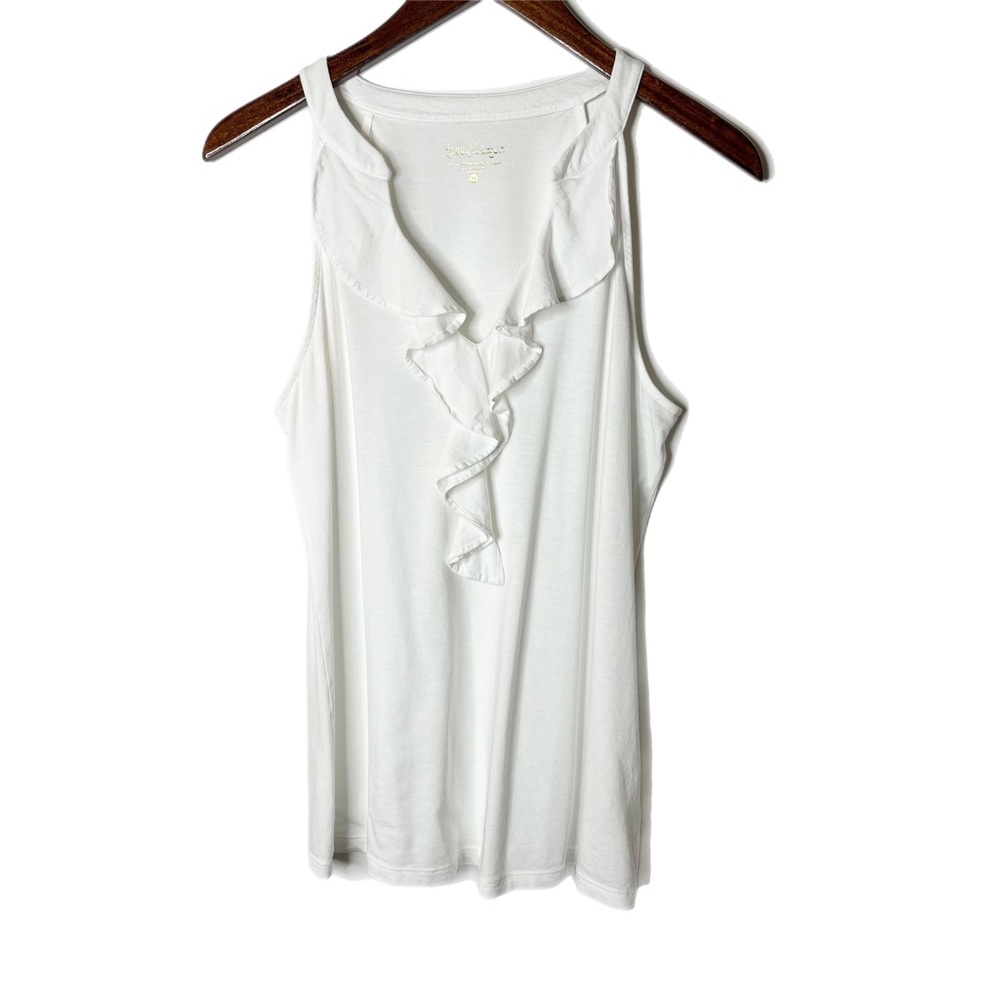 Lilly Pulitzer Shay Tank Top Ruffle V-neck White Sleeveless Size M Pima Cotton